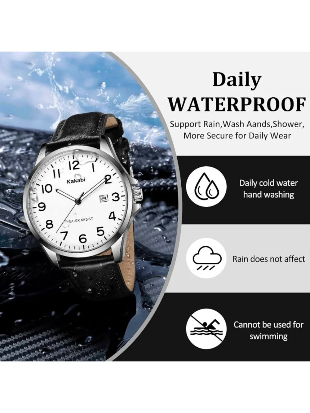 Men's White Black Leather Strap Analog Quartz Waterproof Minimalist Wrist Watch
